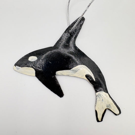 Sustainable handcrafted upcycled metal Orca Whale ornament, eco-friendly ethically handmade, fair trade, coastal decor