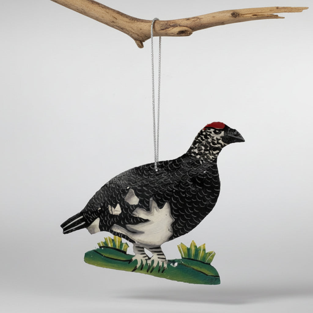 Sustainable handcrafted upcycled metal Rock Ptarmigan bird ornament, eco-friendly ethically handmade, fair trade