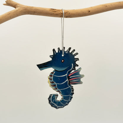 Eco-friendly Handcrafted Upcycled Metal Blue Seahorse Ornament, Fair Trade Sustainable Ethically Handmade