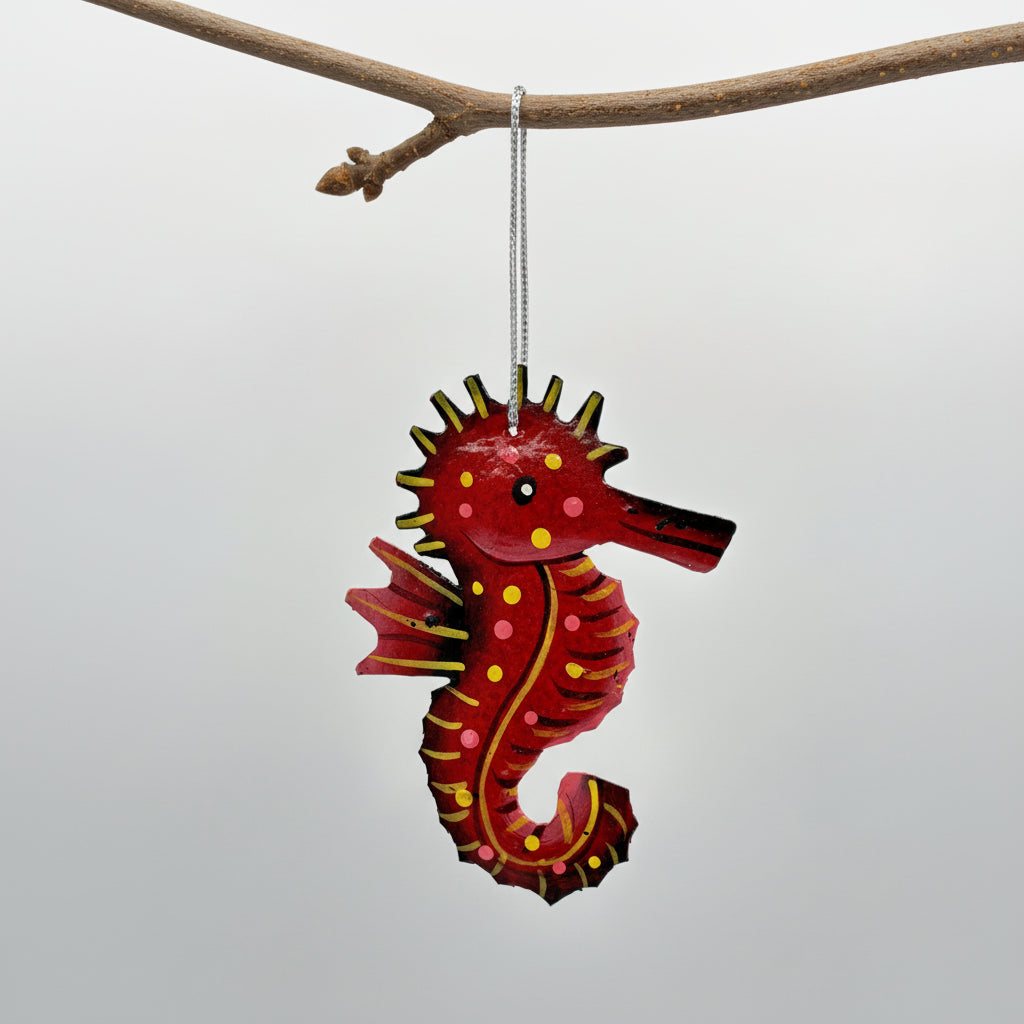 Eco-friendly Handcrafted Upcycled Metal Blue Seahorse Ornament, Fair Trade Sustainable Ethically Handmade