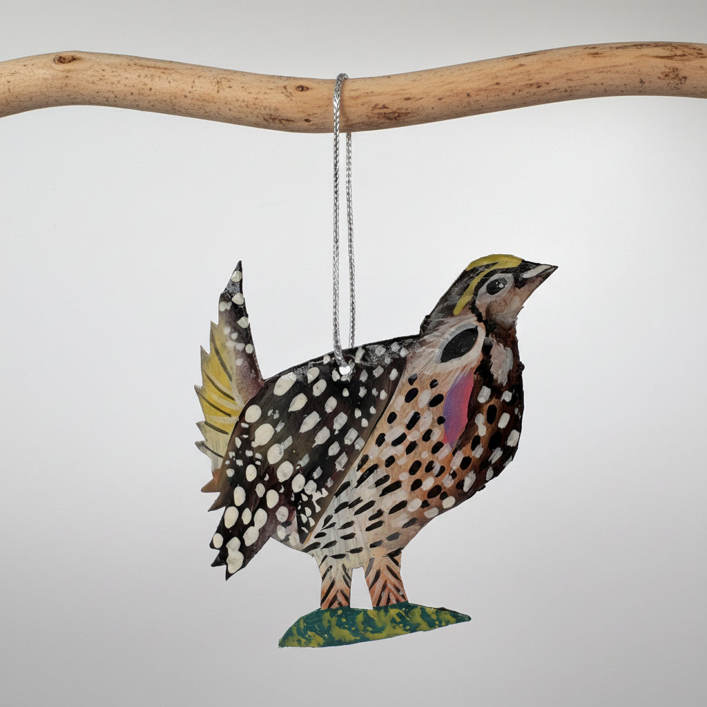 Sustainable handcrafted upcycled metal Sharp-tailed Grouse bird ornament, eco-friendly ethically handmade, fair trade