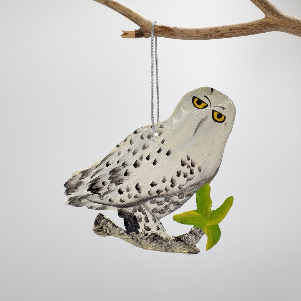 Sustainable handcrafted upcycled metal Snowy owl ornament, fair trade ethically handmade, eco-friendly