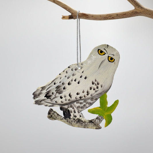 Sustainable handcrafted upcycled metal Snowy owl ornament, fair trade ethically handmade, eco-friendly