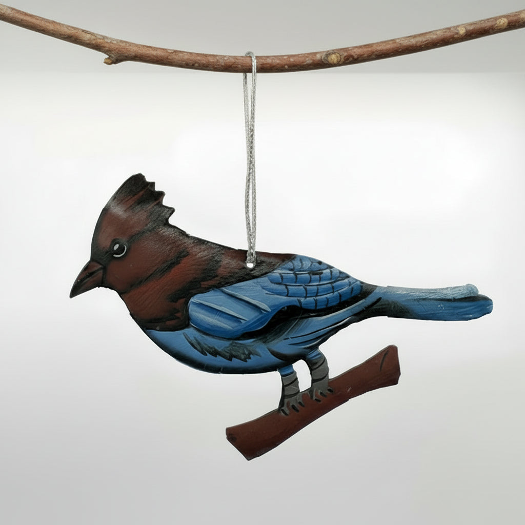 Eco-friendly Handcrafted Upcycled Metal Steller's Jay bird ornament, fair trade, ethically handmade, sustainable