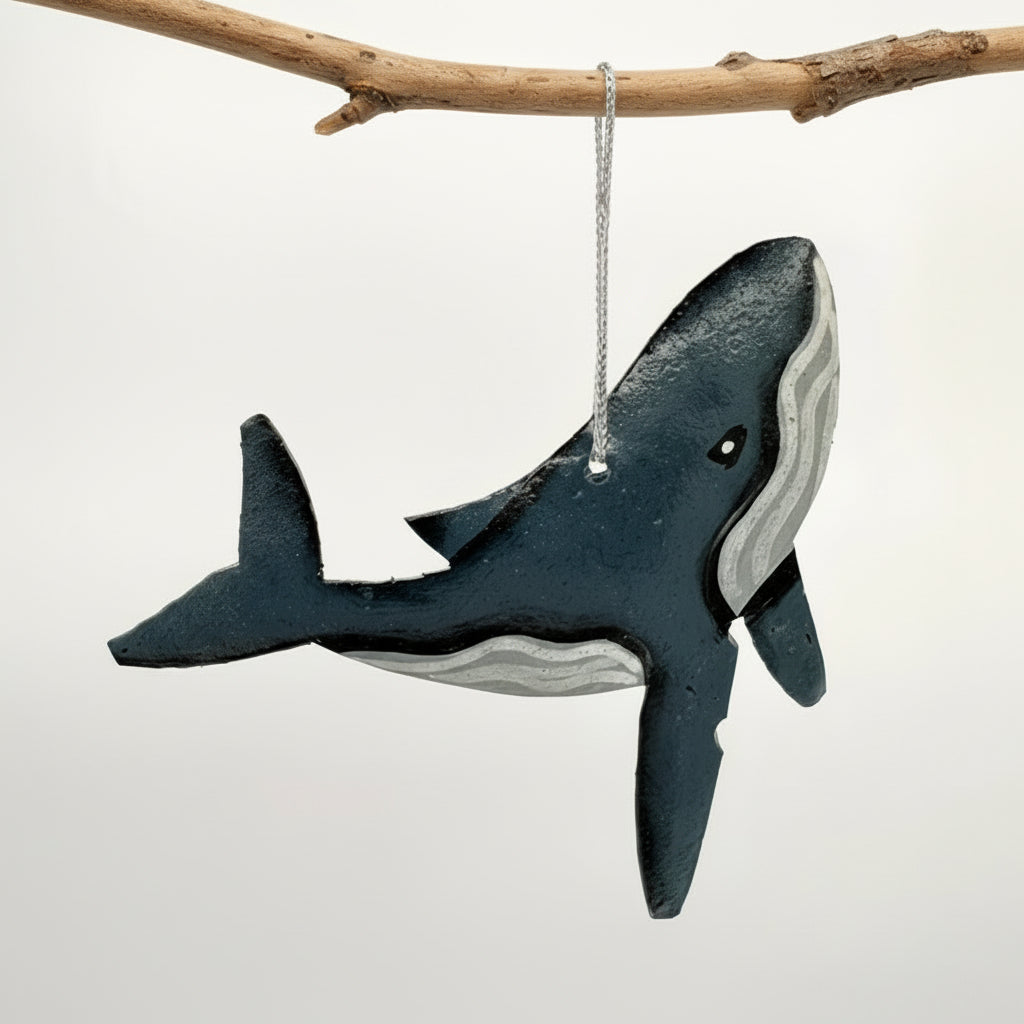 Handcrafted eco-friendly upcycled metal whale ornament, fair trade handmade, ethically handmade, sustainable, humpback whale, blue whale