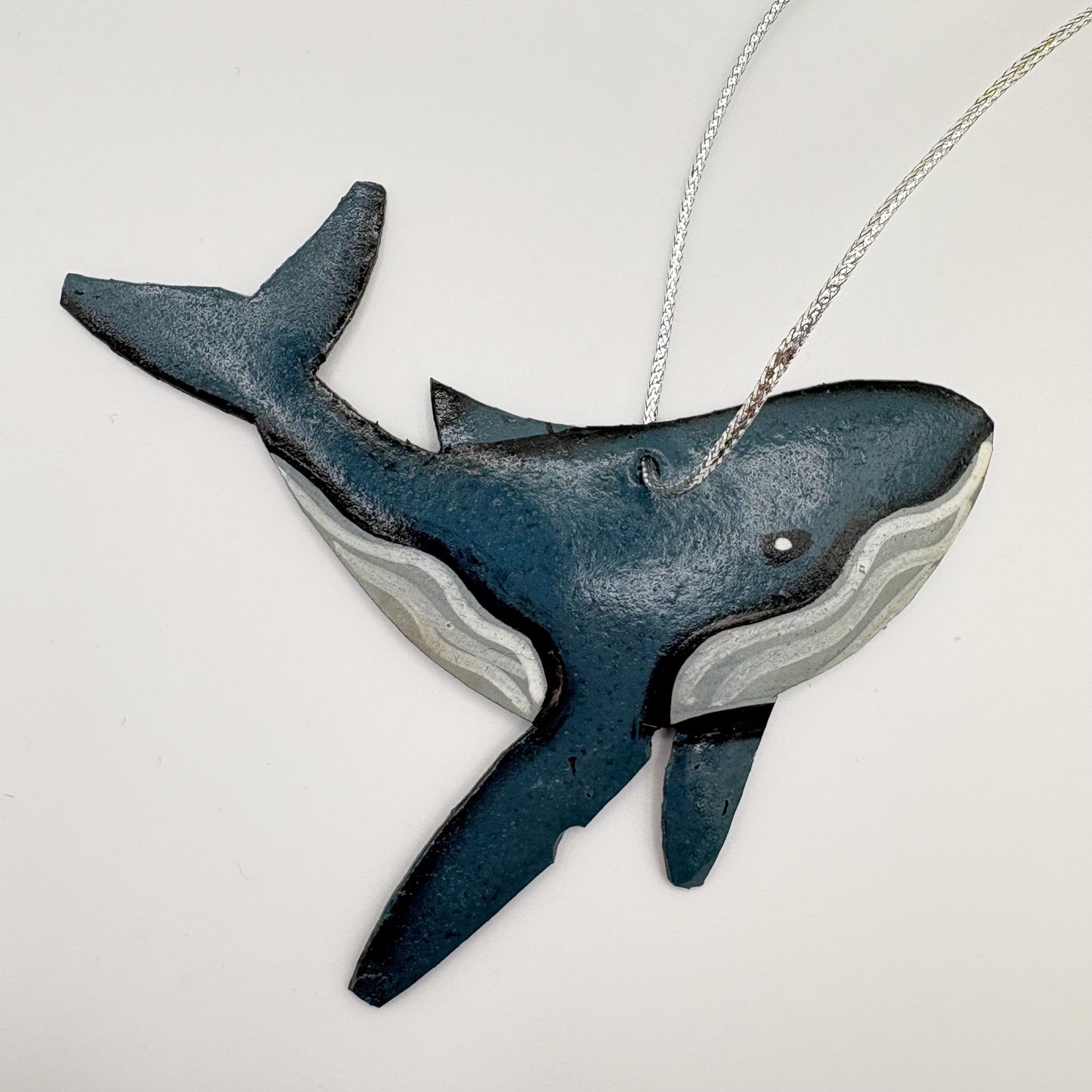 Handcrafted eco-friendly upcycled metal whale ornament, fair trade handmade, ethically handmade, sustainable, humpback whale, blue whale