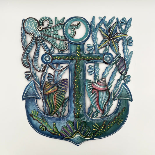 Fair Trade Sustainable Handcrafted Upcycled Metal Anchor Wall Deocr, Ethically Handmade & Hand-painted, Eco-friendly, Blue & Green