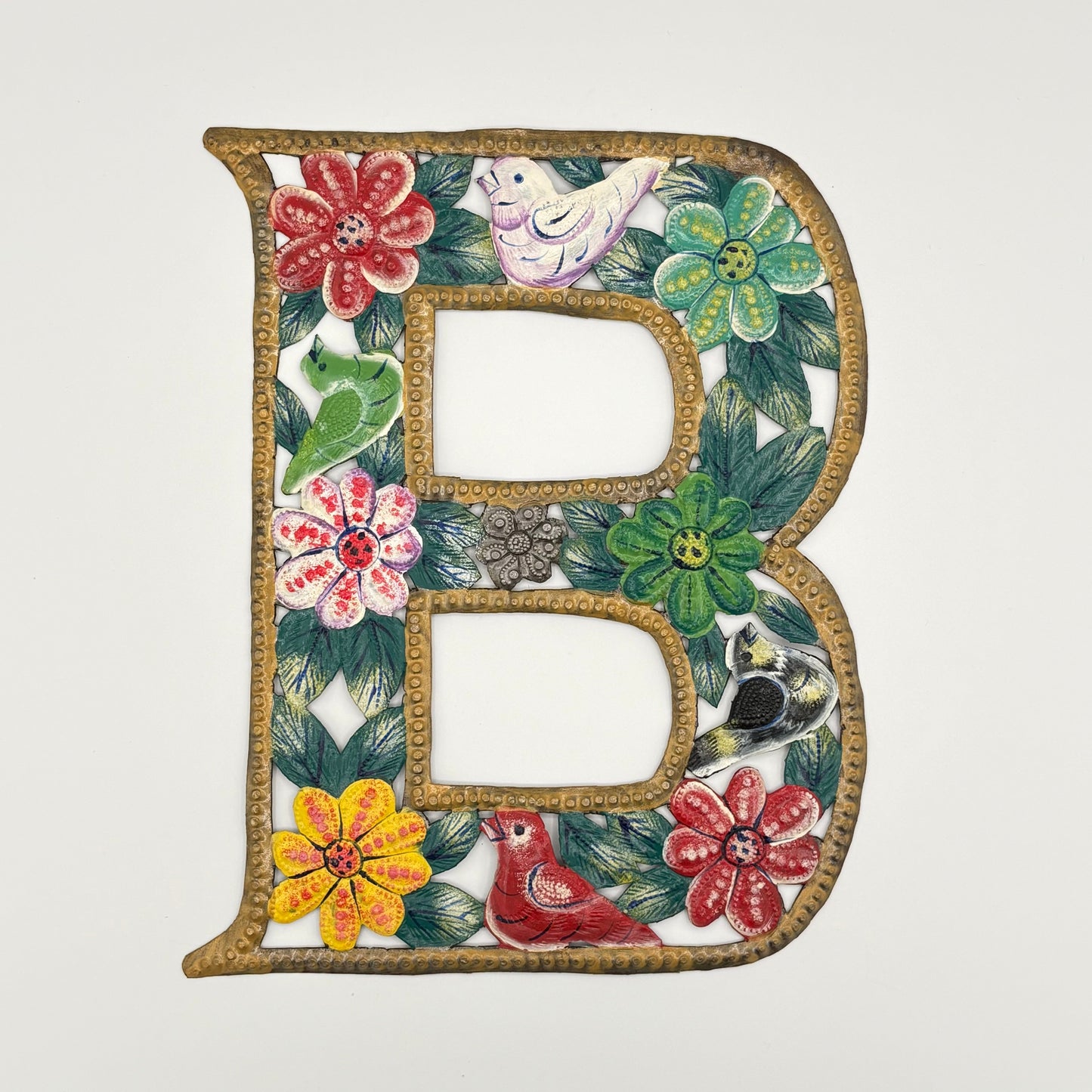 Decorative wall art letter 'B' with floral and bird designs, ethically and sustainably handcrafted, fair trade handmade