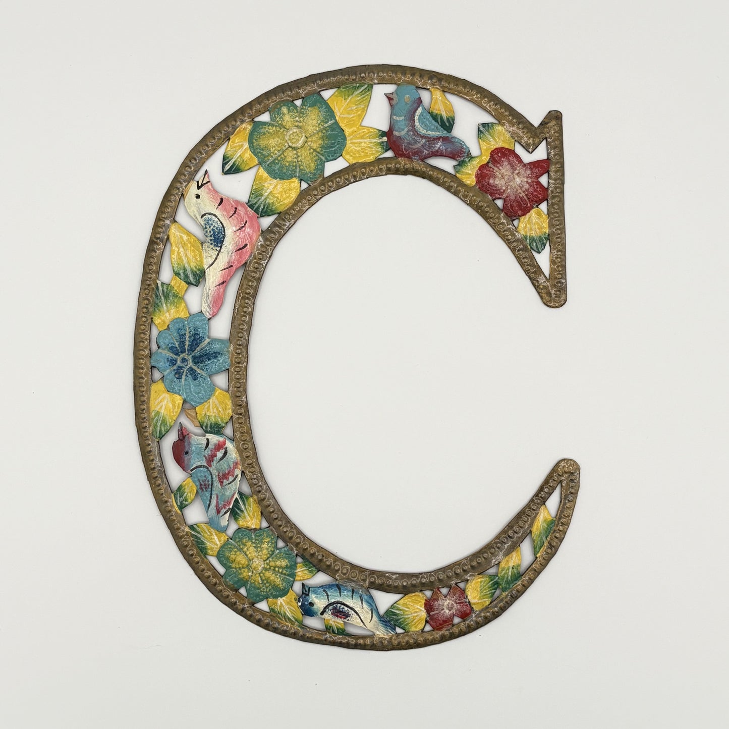 Decorative wall art letter 'C' with floral and bird designs, ethically and sustainably handcrafted, fair trade handmade