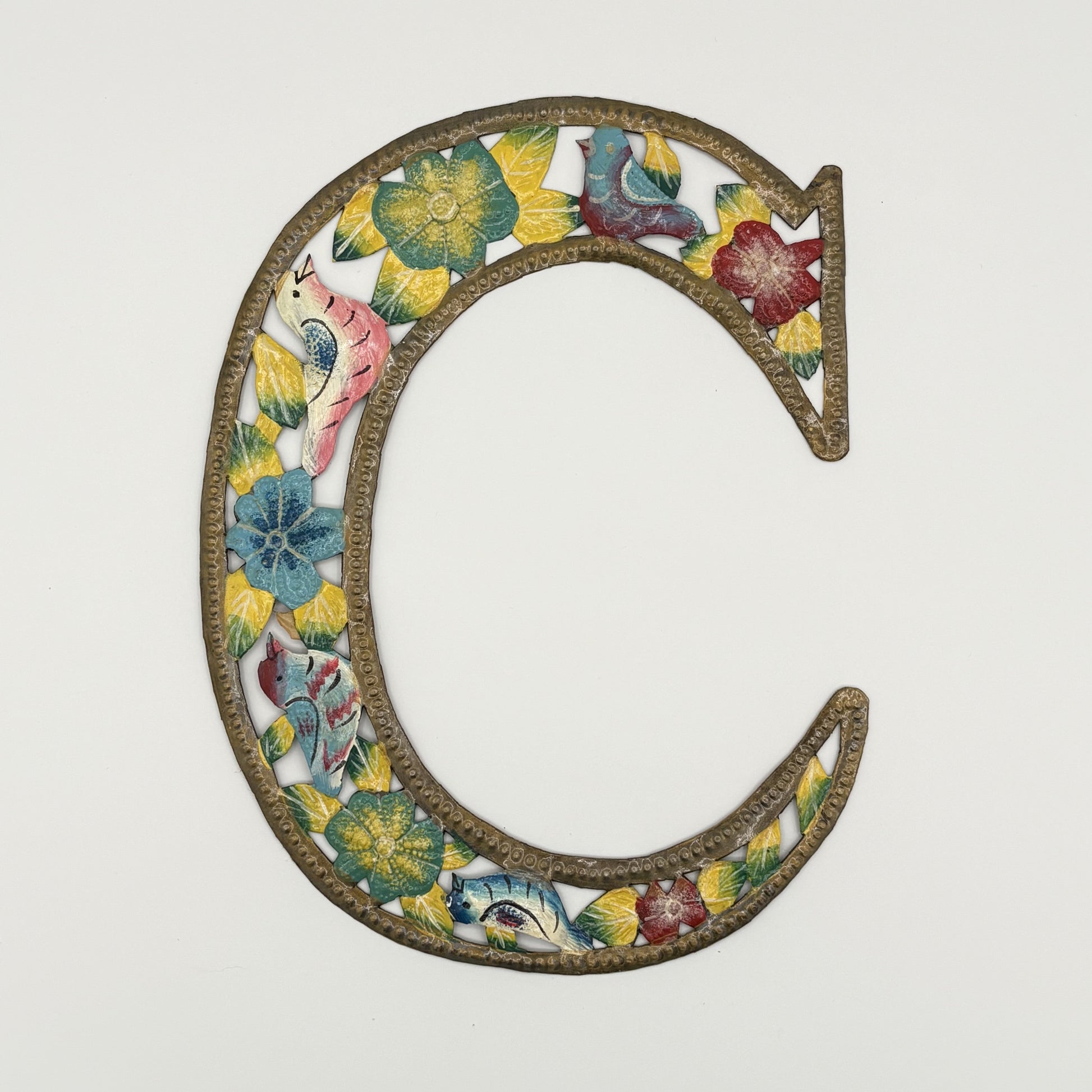 Decorative wall art letter 'C' with floral and bird designs, ethically and sustainably handcrafted, fair trade handmade