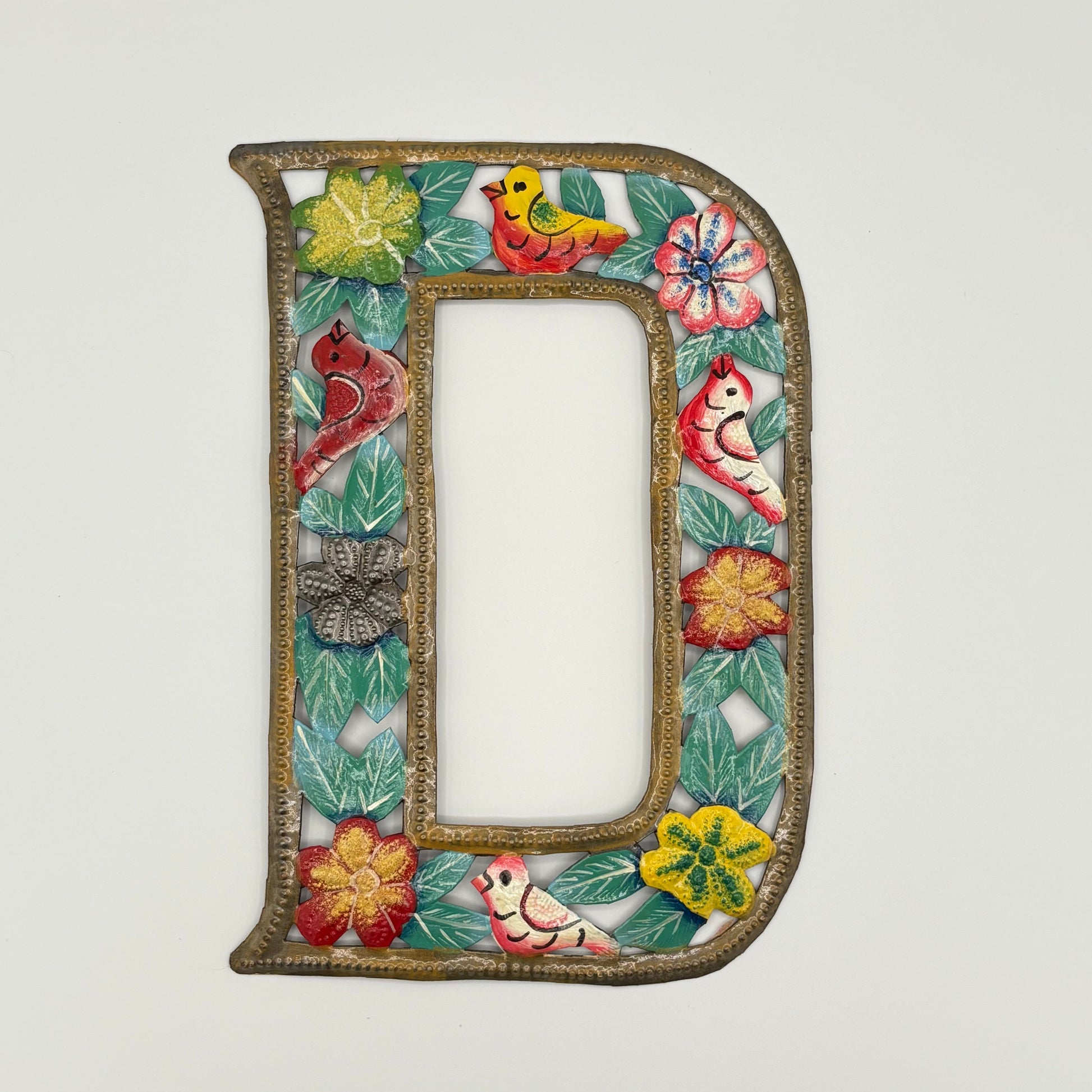 Decorative wall art letter 'D' with floral and bird designs, ethically and sustainably handcrafted, fair trade handmade
