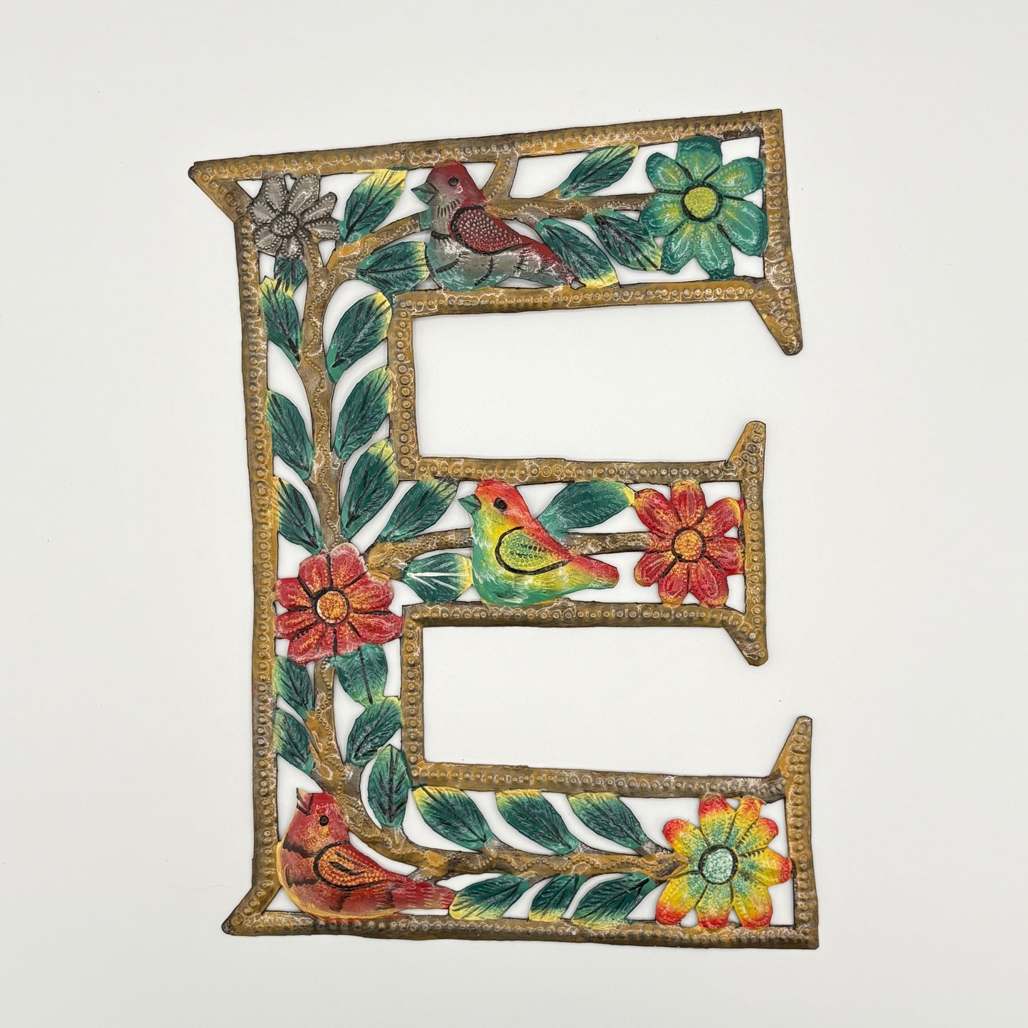 Decorative wall art letter 'E' with floral and bird designs, ethically and sustainably handcrafted, fair trade handmade