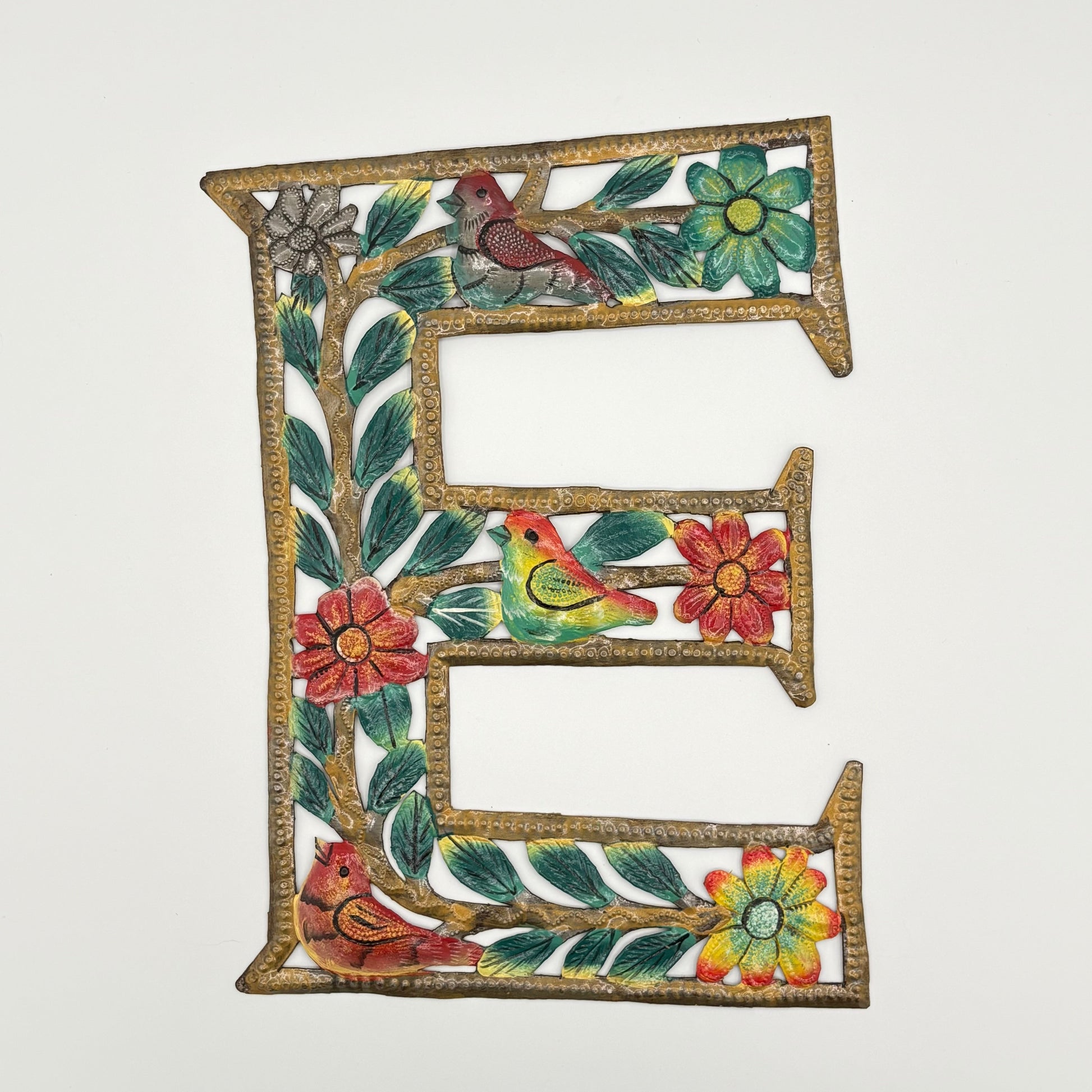 Decorative wall art letter 'E' with floral and bird designs, ethically and sustainably handcrafted, fair trade handmade