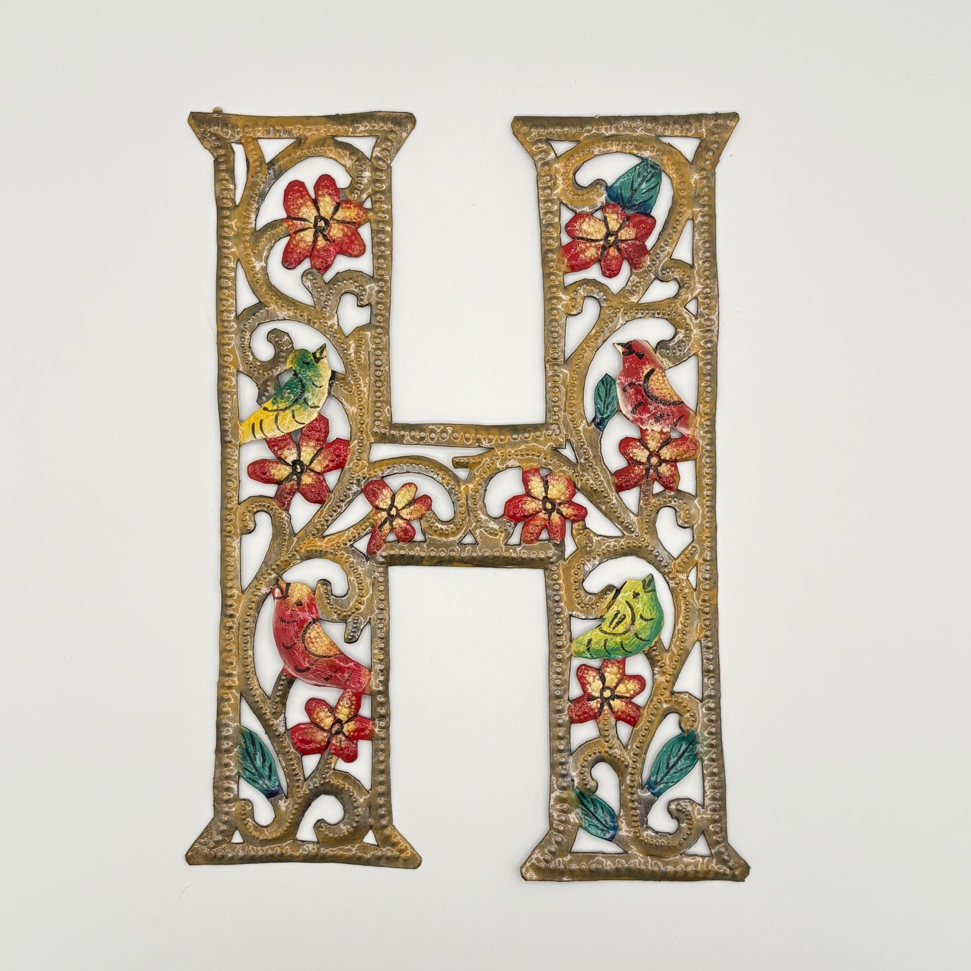 Decorative wall art letter 'H' with floral and bird designs, ethically and sustainably handcrafted, fair trade handmade