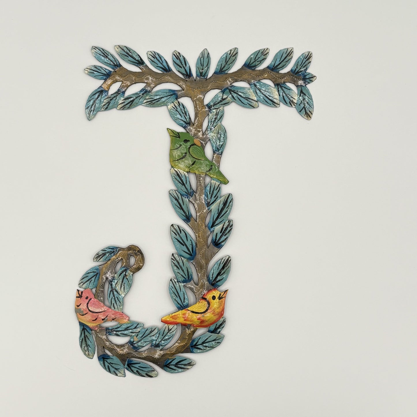 Decorative wall art letter 'J' with floral and bird designs, ethically and sustainably handcrafted, fair trade handmade