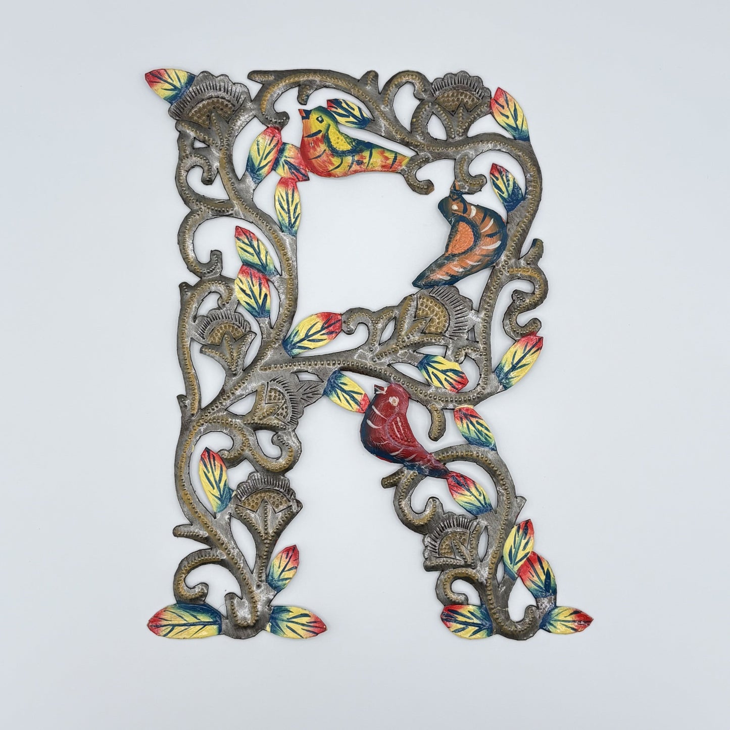 Decorative wall art letter 'R' with floral and bird designs, ethically and sustainably handcrafted, fair trade handmade