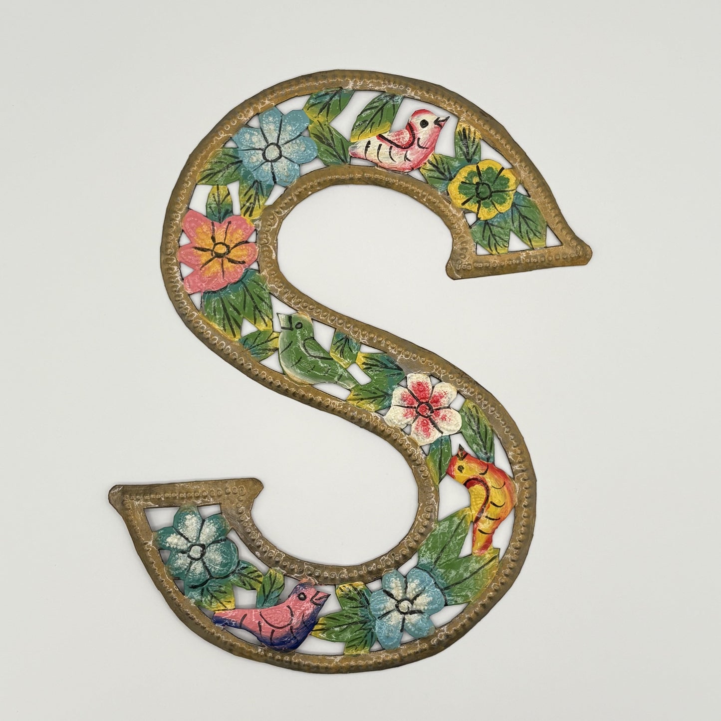 Decorative wall art letter 'S' with floral and bird designs, ethically and sustainably handcrafted, fair trade handmade