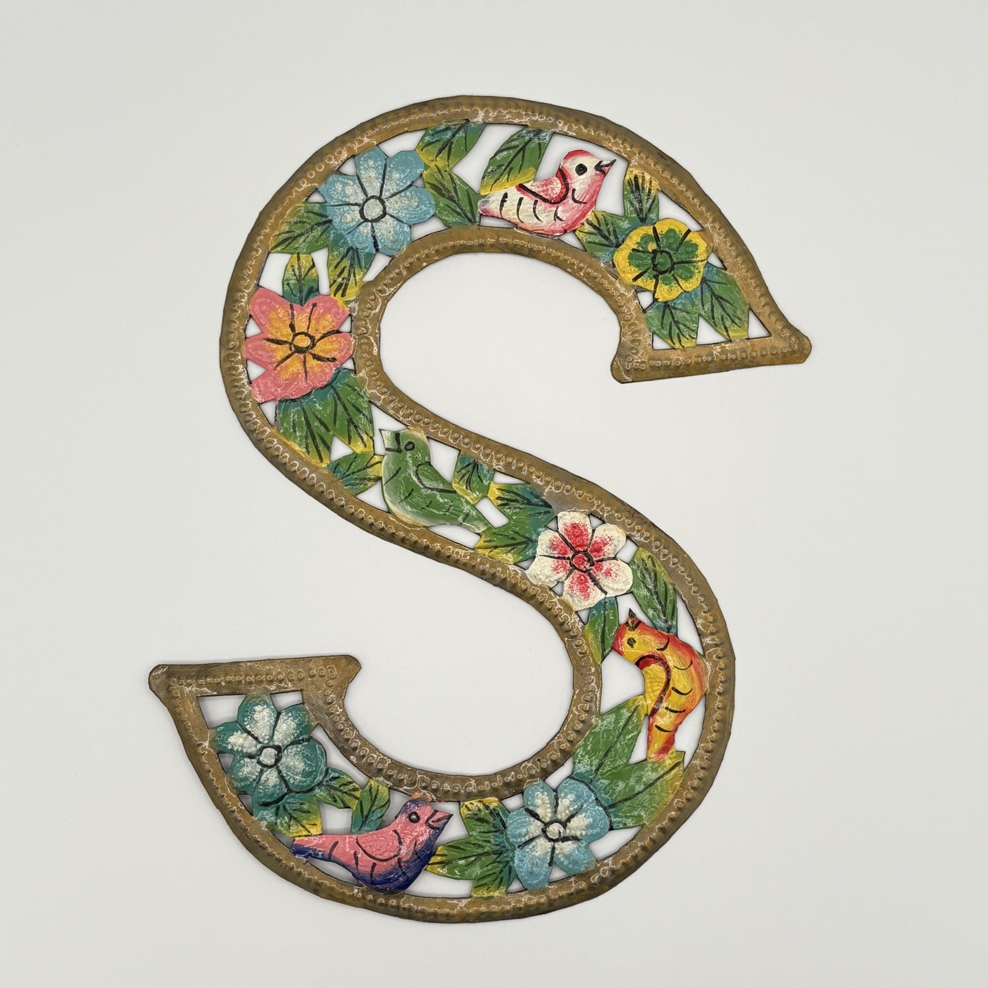 Decorative wall art letter 'S' with floral and bird designs, ethically and sustainably handcrafted, fair trade handmade