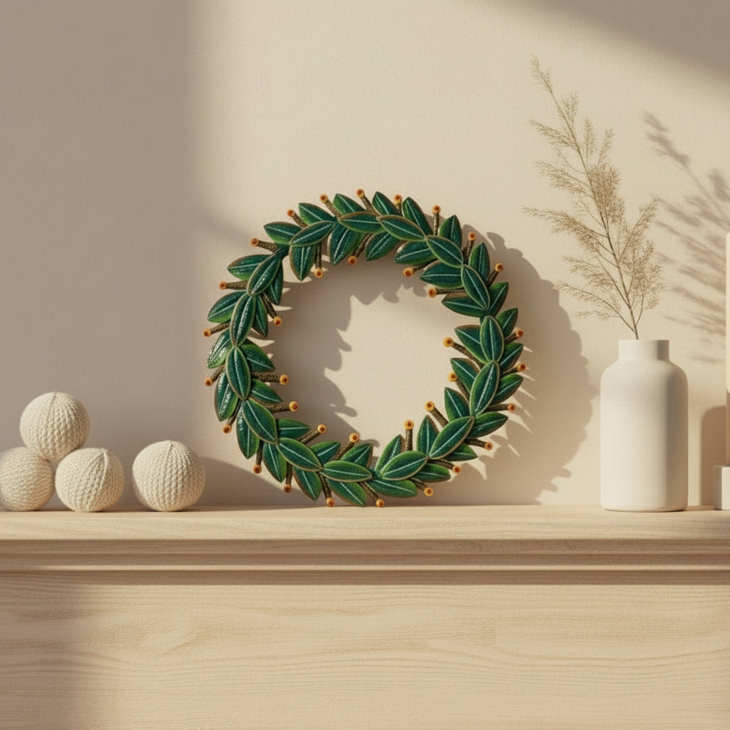 Fair Trade Upcycled Metal Green Laurel Wreath with Gold & Red Detail Wall Decor, Ethically Handmade