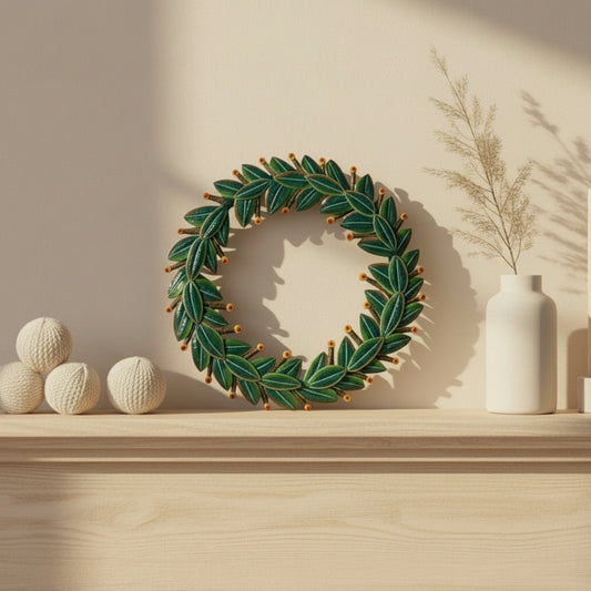 Fair Trade Upcycled Metal Green Laurel Wreath with Gold & Red Detail Wall Decor, Ethically Handmade