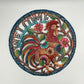 Fair trade eco-friendly handcrafted upcycled metal wall art welcome sign with a brightly colored rooster, ethically and sustainably handmade