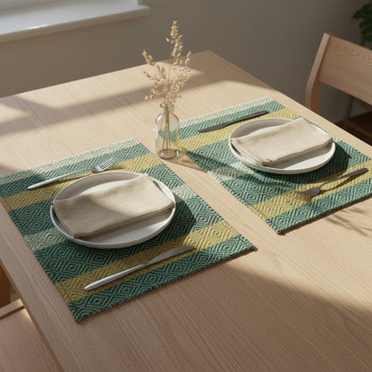 Fair Trade Upcycled Plastic Handwoven Placemats with Geometric Design in Green & Yellow, Set of 2