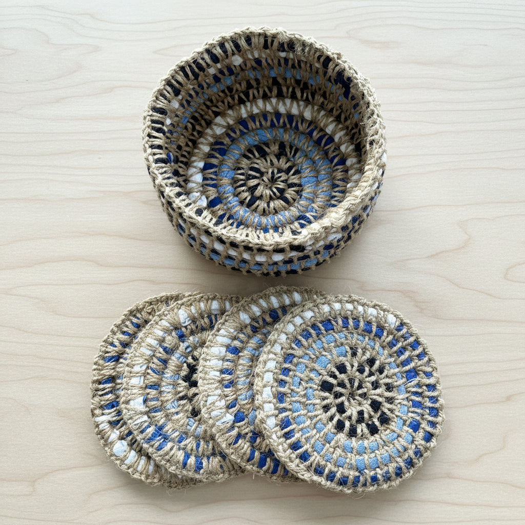 Set of colorful hand-crocheted  coasters in a basket, ethically handcrafted of upcycled textiles, fair trade handmade sustainable