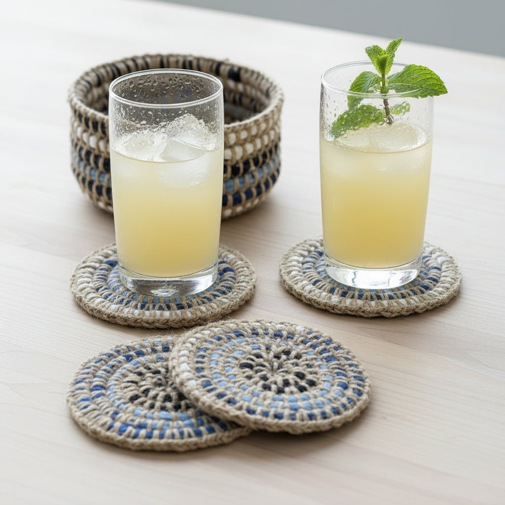 Set of colorful hand-crocheted  coasters in a basket, ethically handcrafted of upcycled textiles, fair trade handmade sustainable