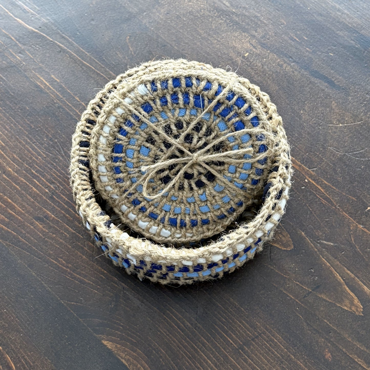Upcycled Textile Coasters in a Basket