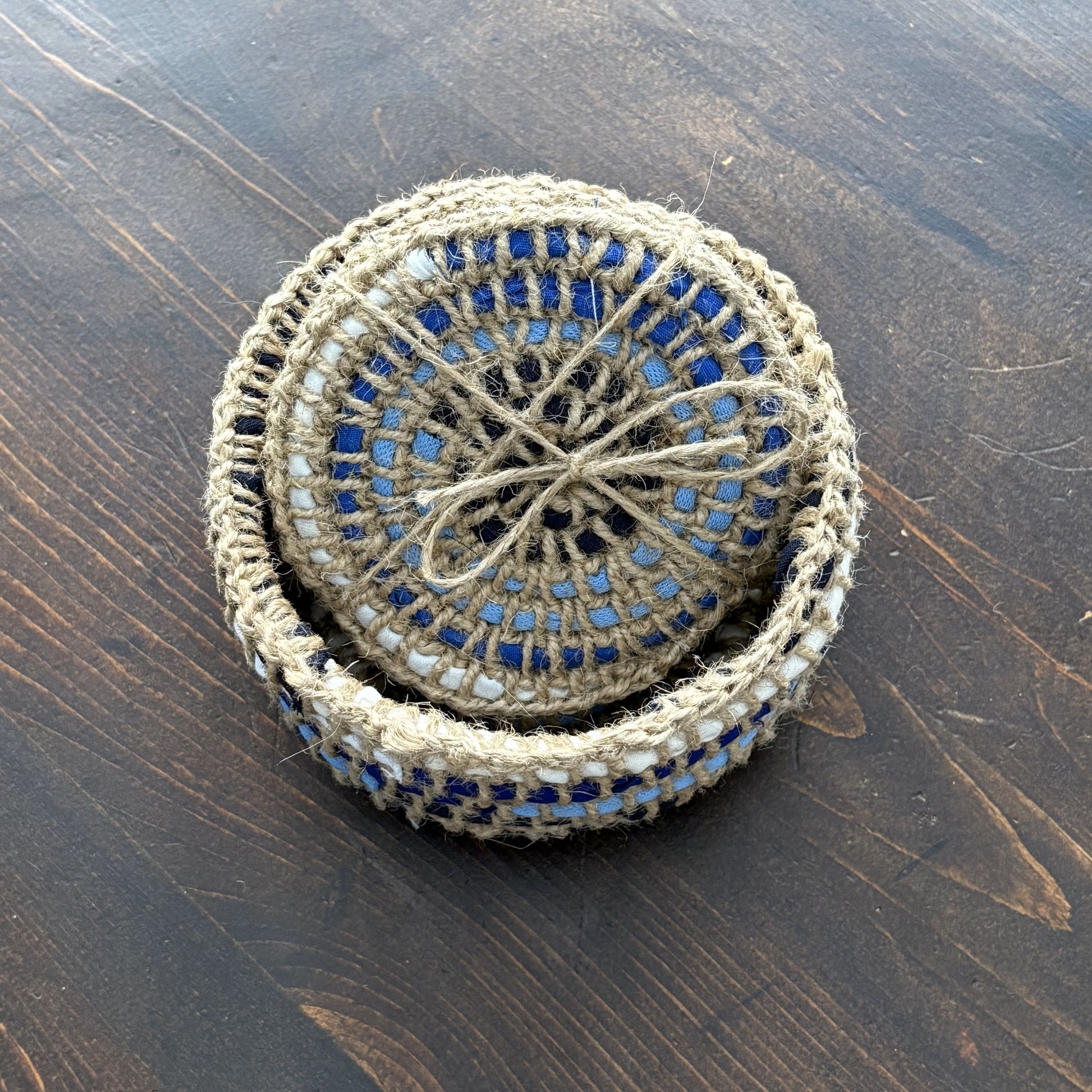 Upcycled Textile Coasters in a Basket