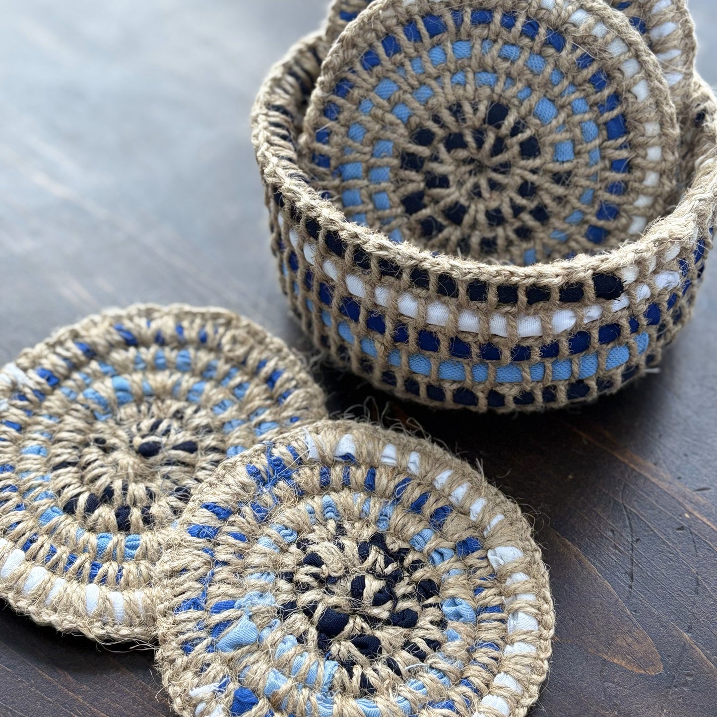 Upcycled Textile Coasters in a Basket