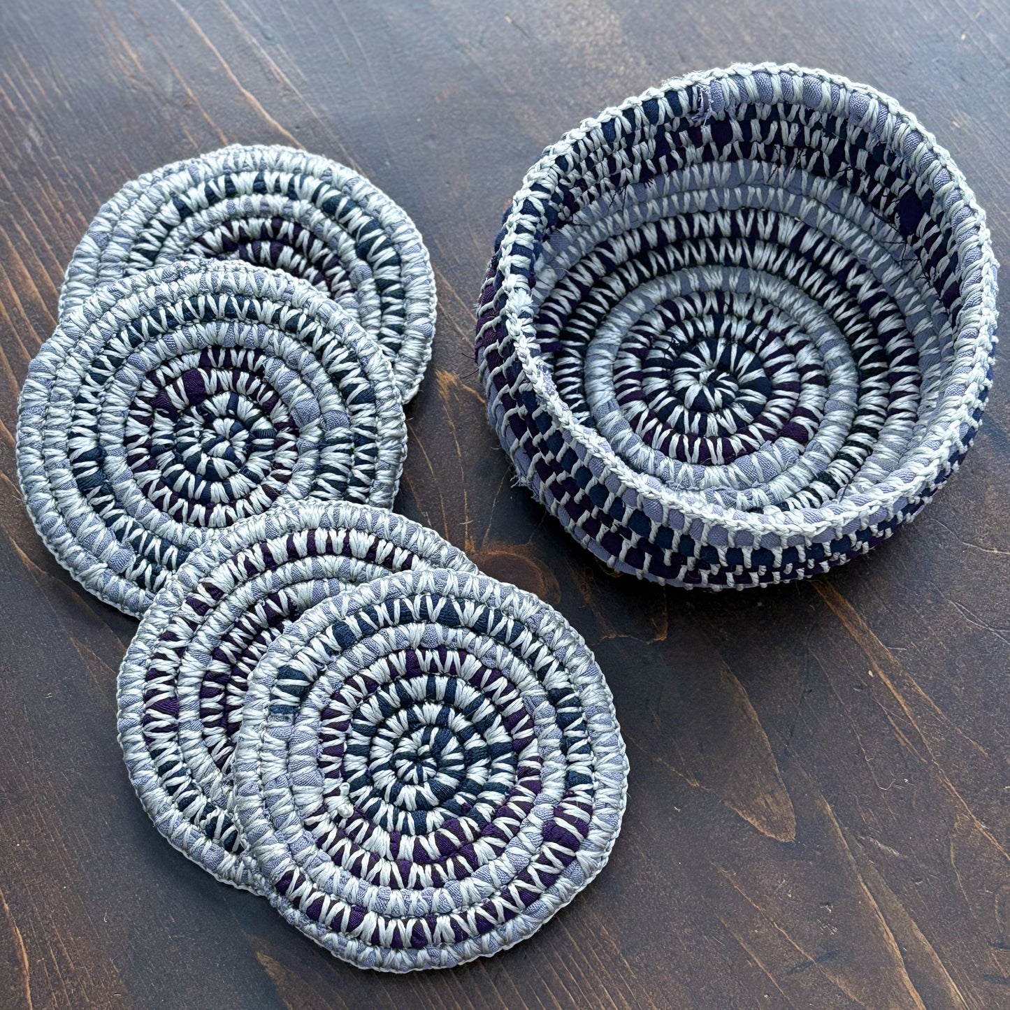 Upcycled Textile Coasters in a Basket