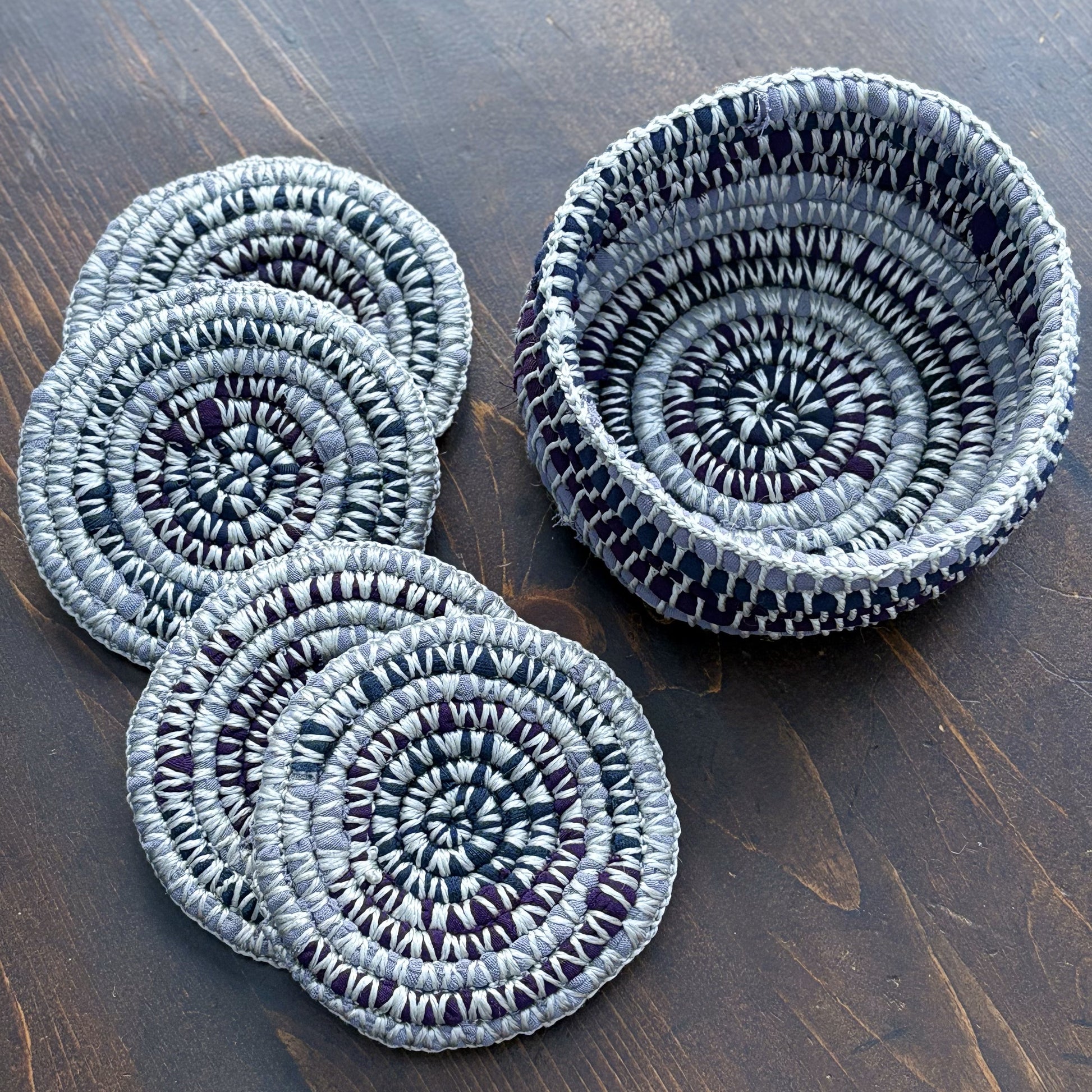 Upcycled Textile Coasters in a Basket