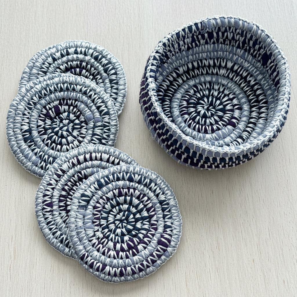 Set of colorful hand-crocheted  coasters in a basket, ethically handcrafted of upcycled textiles, fair trade handmade sustainable