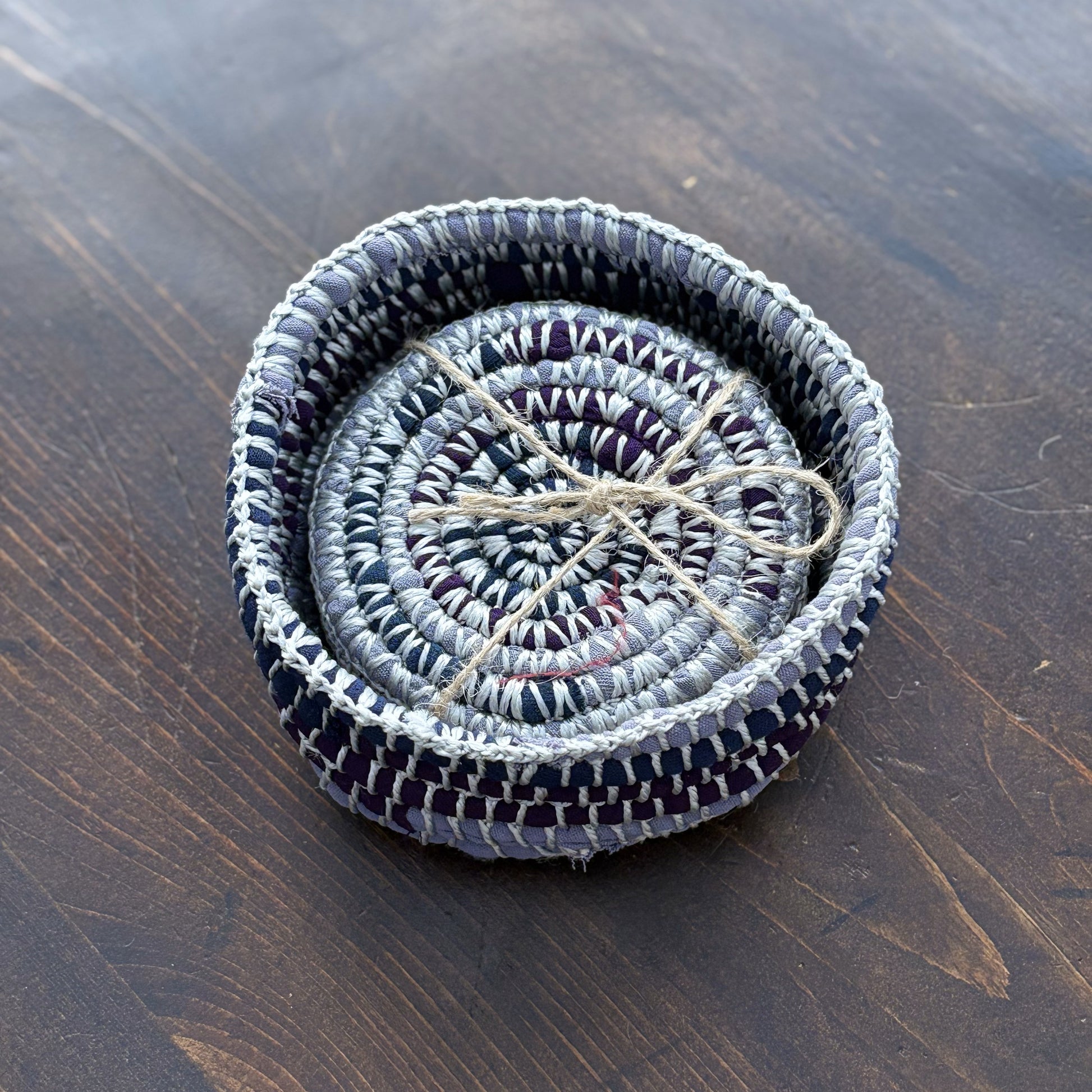 Upcycled Textile Coasters in a Basket