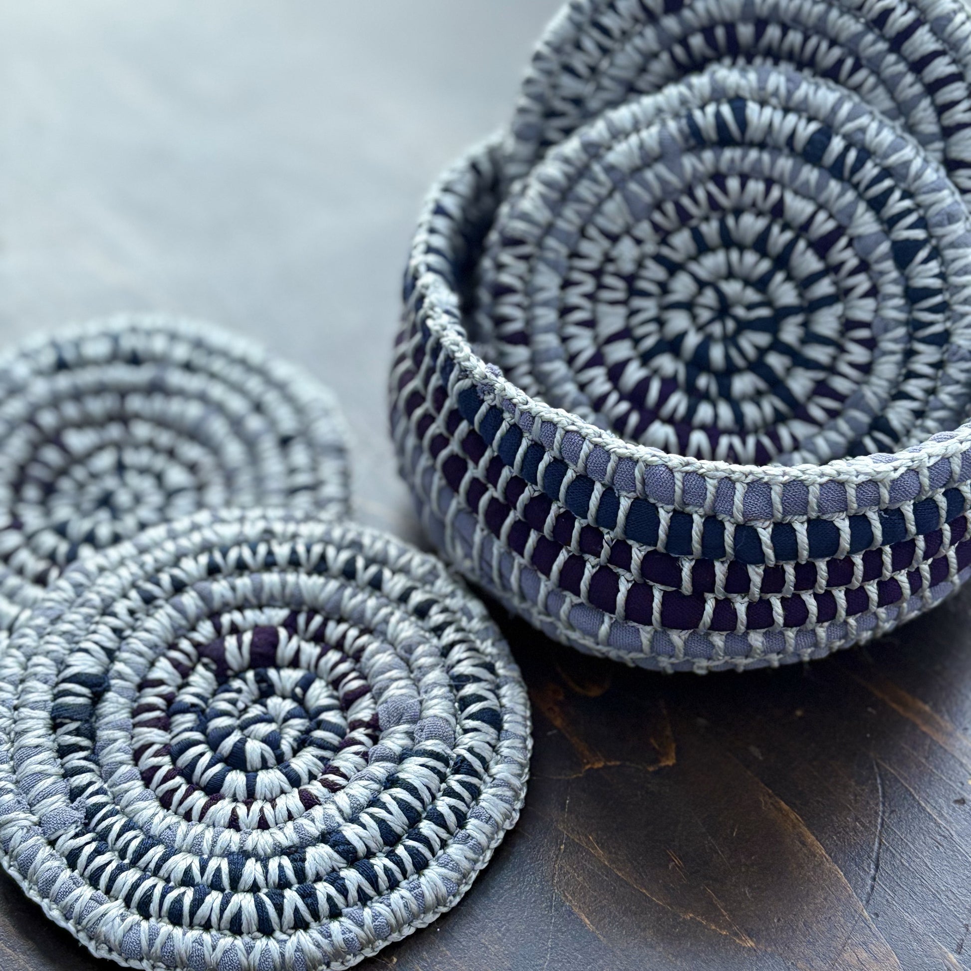 Upcycled Textile Coasters in a Basket