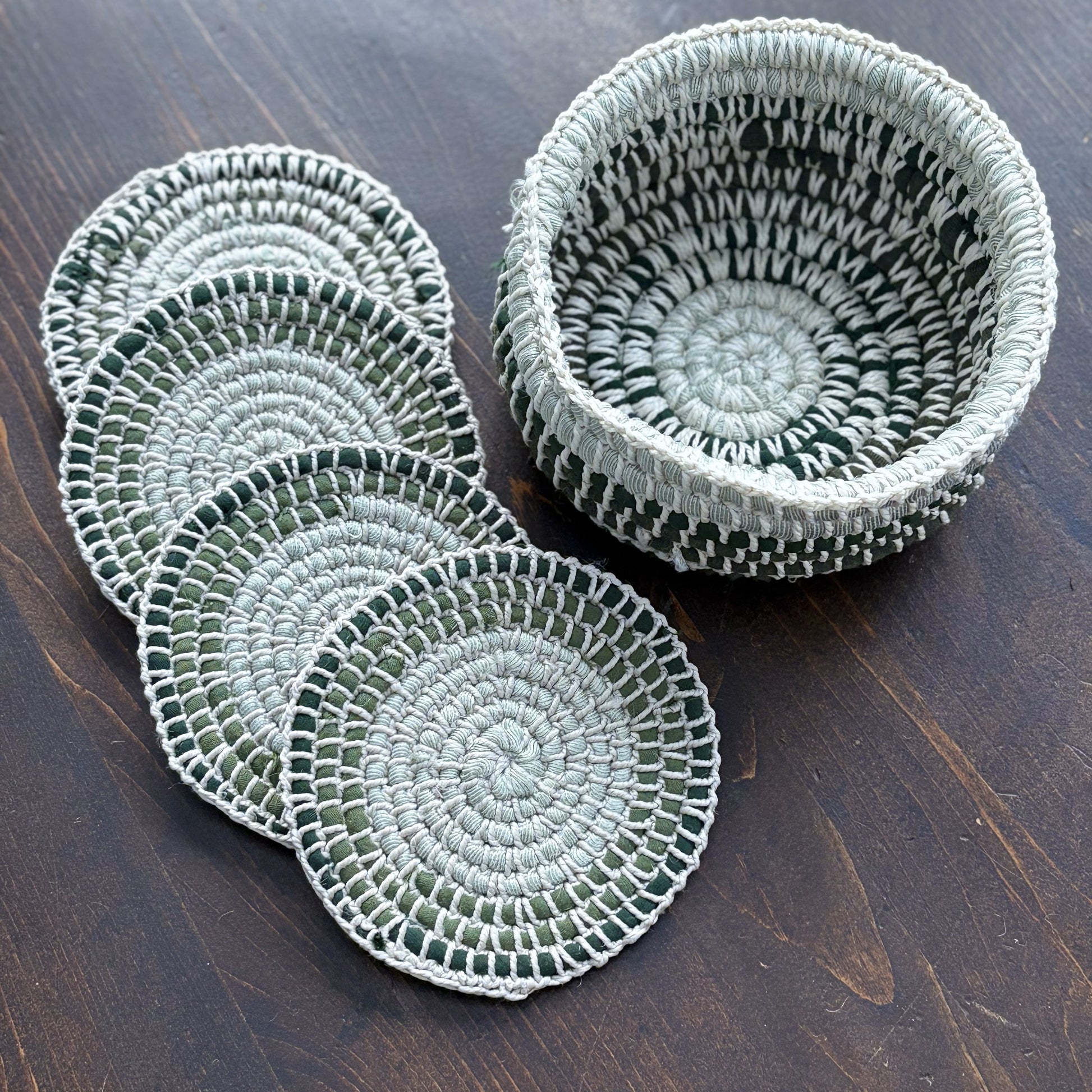 Upcycled Textile Coasters in a Basket
