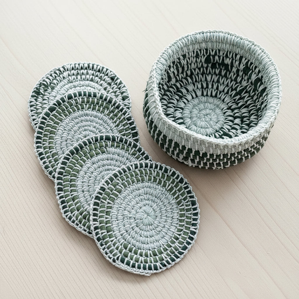 Set of colorful hand-crocheted  coasters in a basket, ethically handcrafted of upcycled textiles, fair trade handmade sustainable