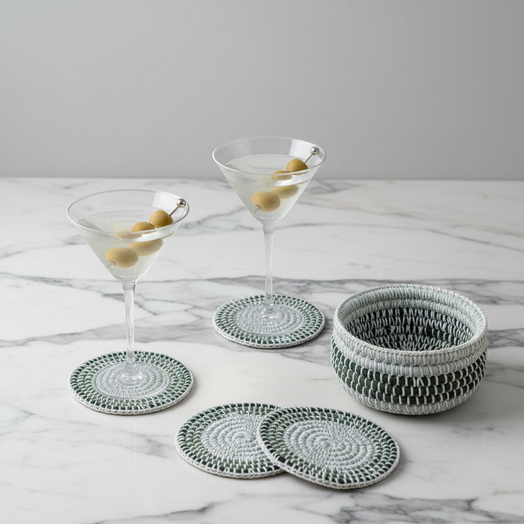 Set of colorful hand-crocheted  coasters in a basket, ethically handcrafted of upcycled textiles, fair trade handmade sustainable