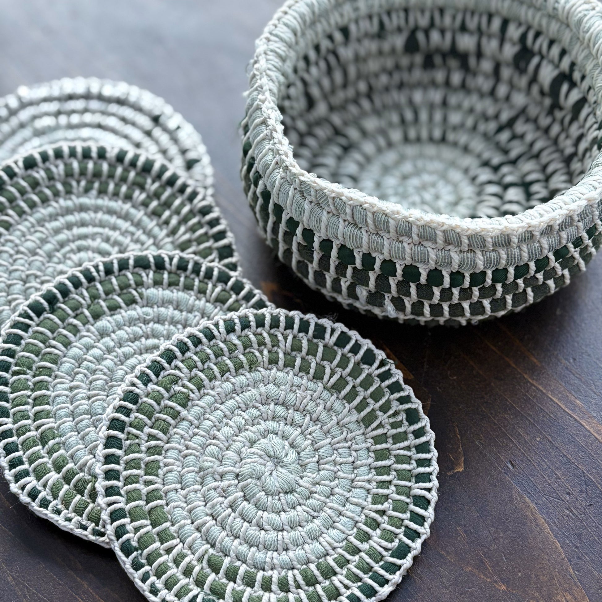 Upcycled Textile Coasters in a Basket