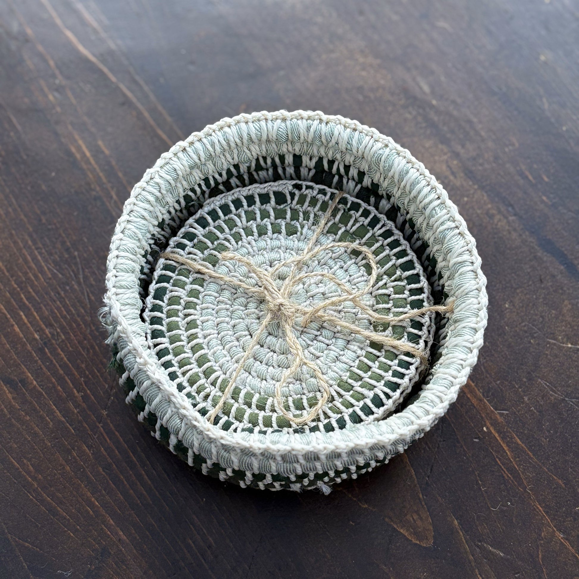 Upcycled Textile Coasters in a Basket