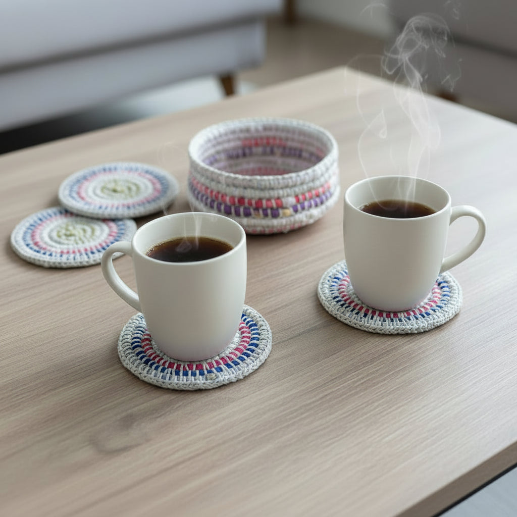 Set of colorful hand-crocheted  coasters in a basket, ethically handcrafted of upcycled textiles, fair trade handmade sustainable