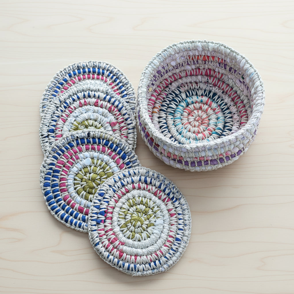 Set of colorful hand-crocheted  coasters in a basket, ethically handcrafted of upcycled textiles, fair trade handmade sustainable