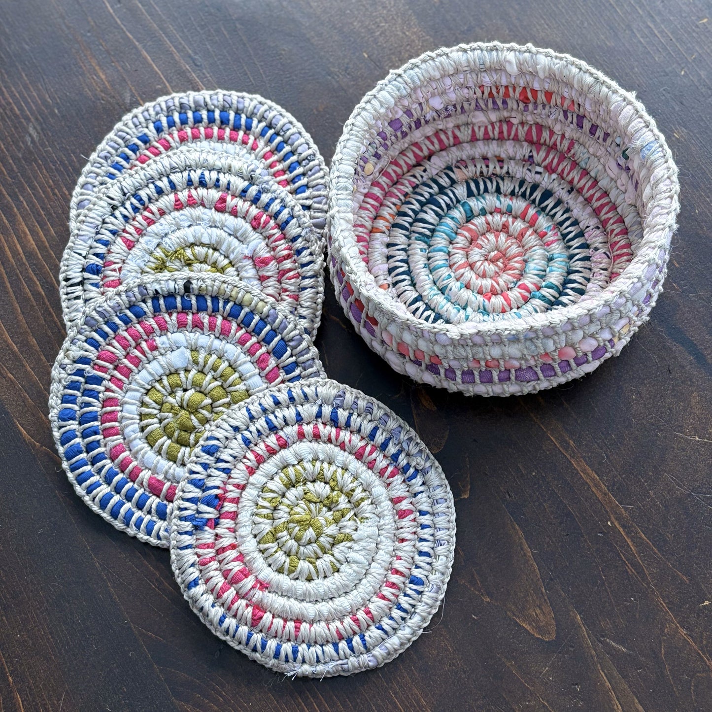 Upcycled Textile Coasters in a Basket