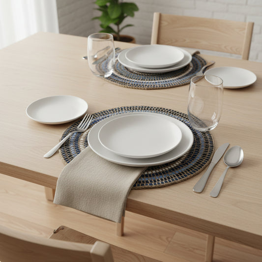 Fair Trade Round Upcycled Hand-crocheted Textile Placemat, Sustainable, Eco-friendly, recycled textiles, ethically handmade, Shades of blue, Set of 2