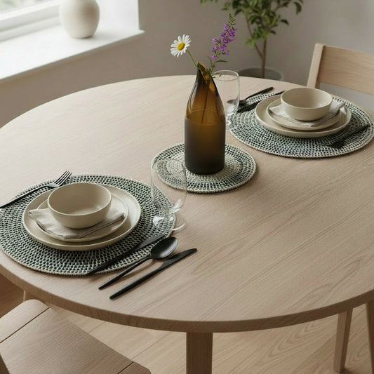 Fair Trade Round Upcycled Hand-crocheted Textile Placemat, Sustainable, Eco-friendly, recycled textiles, ethically handmade, Green & White, Set of 2