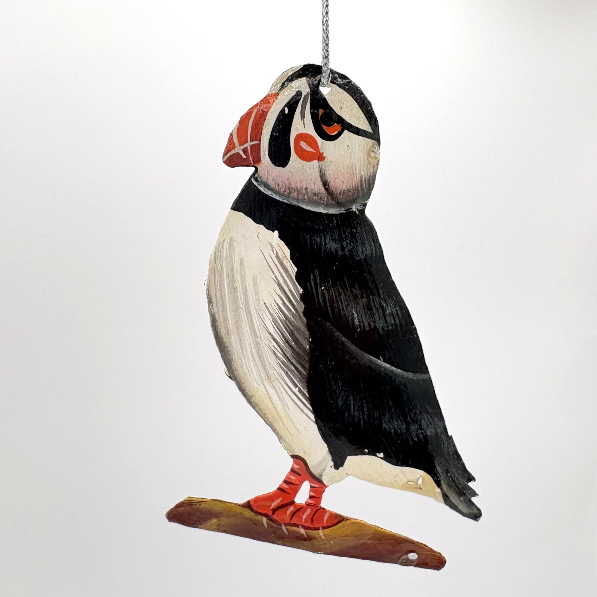Eco-friendly upcycled metal puffin ornament, ethically handmade, sustainable, fair trade