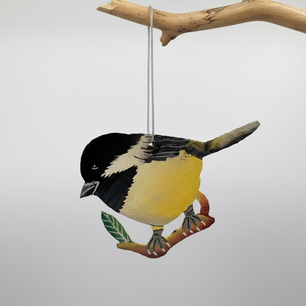 Eco-friendly handcrafted upcycled metal Black-capped Chickadee bird ornament, ethically handmade, sustainable