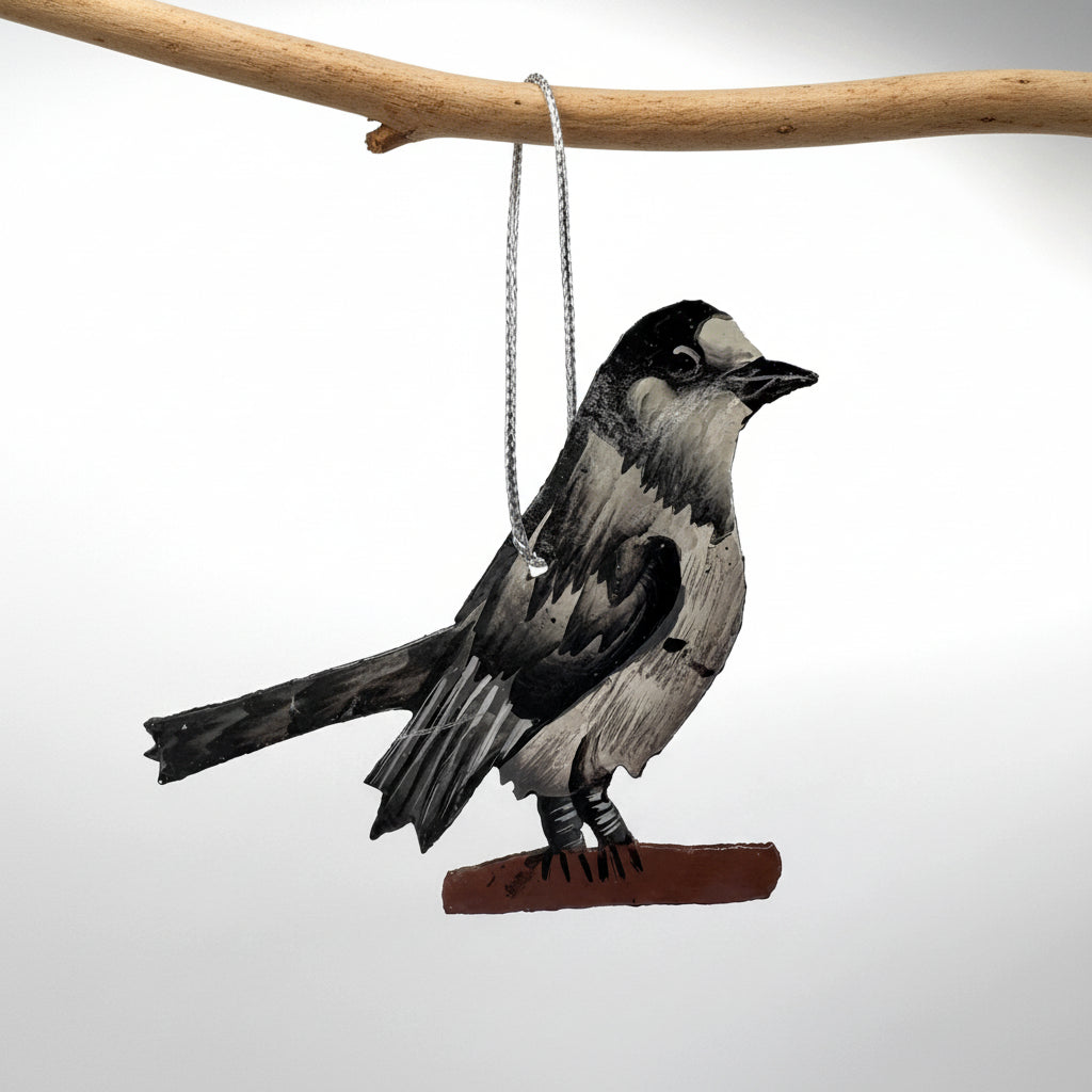 Sustainable handcrafted upcycled metal Canada Jay bird ornament, fair trade, ethically handmade, eco-friendly
