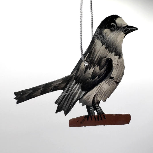 Sustainable handcrafted upcycled metal Canada Jay bird ornament, fair trade, ethically handmade, eco-friendly